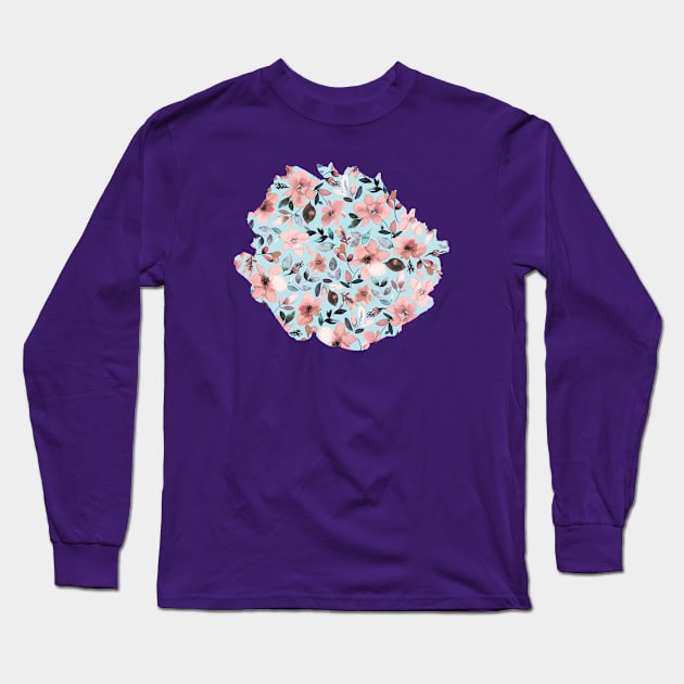 Tropical flowers Pink Blue Long Sleeve T-Shirt by ninoladesign